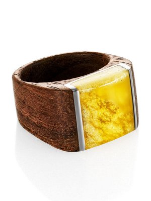Оригинальное кольцо из дерева с натуральным переливающимся янтарём «Индонезия»