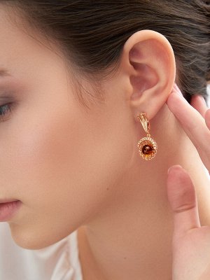 Яркие серьги с натуральным янтарём и фианитами «Ромашка»