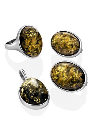 Овальное кольцо «Годжи крупное» из серебра с натуральным зелёным янтарём