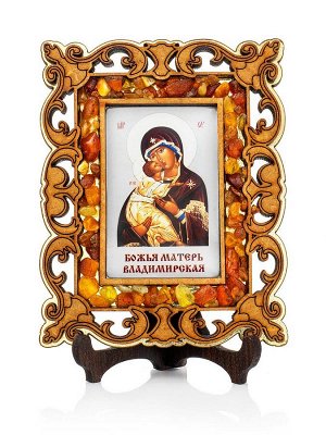Икона «Владимирская Богоматерь» в резной деревянной оправе с магнитом, украшенная янтарём