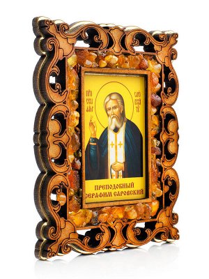 Икона «Преподобный Серафим Саровский» в резной деревянной оправе с магнитом, украшенная янтарём