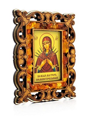 Икона Богоматери «Семистрельная» в резной деревянной оправе с магнитом, украшенная янтарём