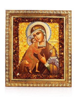 Икона Богоматери «Фёдоровская», украшенная натуральным янтарём