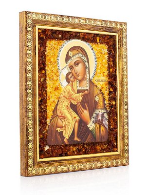 Икона Богоматери «Фёдоровская», украшенная натуральным янтарём