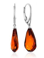 Серьги-капельки из натурального янтаря тёмно-коньячного цвета с алмазной огранкой
