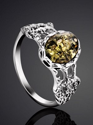 Кольцо из серебра, украшенное янтарём зелёного цвета «Флоренция»