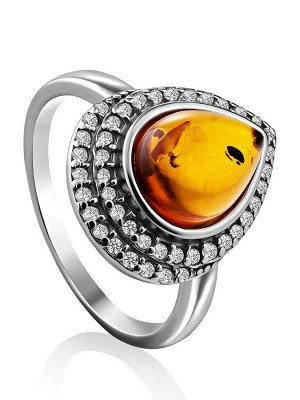 Красивое женственное кольцо из серебра, украшенное янтарём и фианитами «Ренессанс»