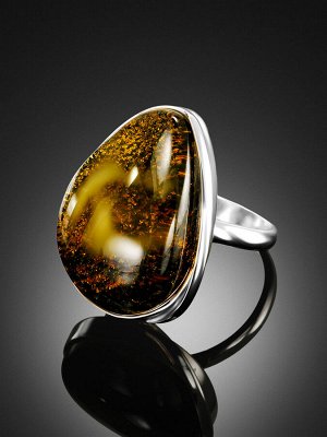 amberholl Крупное кольцо из серебра с натуральным янтарём зелёного цвета «Лагуна»