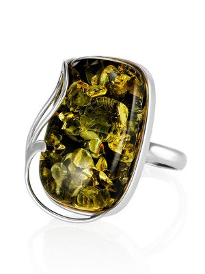 Нарядное серебряное кольцо с натуральным янтарём зелёного цвета «Маньяна»