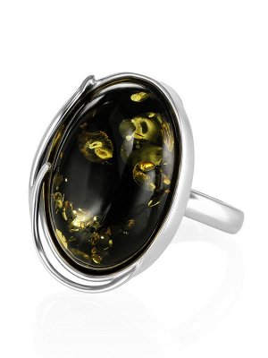 Небольшое серебряное кольцо с натуральным сверкающим янтарем зеленого цвета «Маньяна»