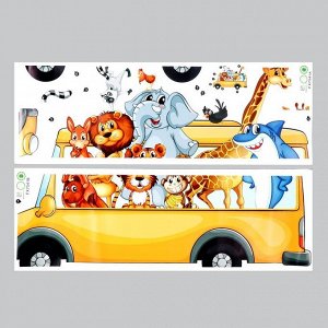 Наклейка пластик интерьерная цветная "Зверята в автобусе" набор 2 листа 25х70 см