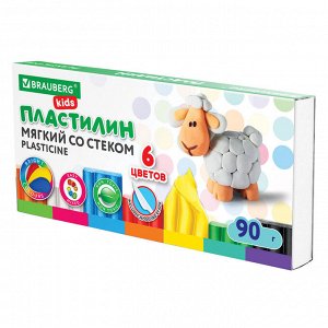 Пластилин мягкий восковой BRAUBERG KIDS, 6 цветов, 90г, со стеком, 106493