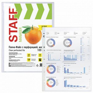 Папки-файлы перфорированные ЭКОНОМ, А4, STAFF, комплект 100 шт, матовые, 25 мкм, 226828