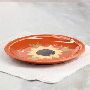 Тарелка "Подсолнух", плоская, роспись, глазурь, красная глина, 20 см