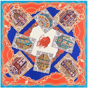 Женский шелковый платок,  принт "фрески", цвет синий/оранжевый с голубой окантовкой