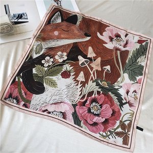 Женский шелковый платок, цветочный принт "лисичка с цветами", цвет оранжевый/розовый/зеленый