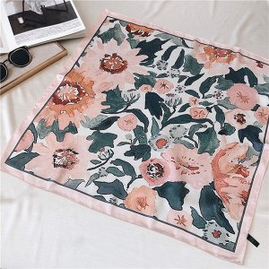 Женский шелковый платок, цветочный принт "крупные цветы", цвет розовый/зеленый