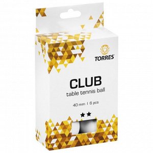 Мяч для настольного тенниса TORRES Club, 2 звезды, 40 мм, 6 шт., цвет белый