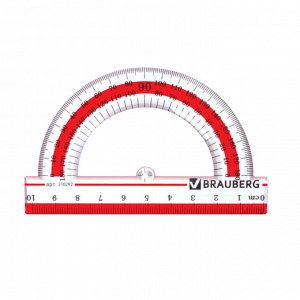 Транспортир 10 см, 180 градусов, пластик, BRAUBERG "Сrystal", прозрач. с выдел.шкалой, подвес,210292