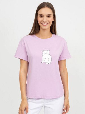 Укороченная свободная футболка в лавандовом цвете с рисунком в виде кота