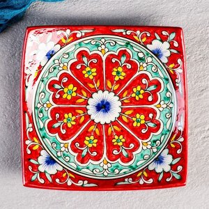 Тарелка Риштанская Керамика "Узоры", красная, 17 см, квадратная