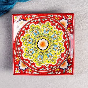 Тарелка Риштанская Керамика "Узоры", красная, 20 см, квадратная