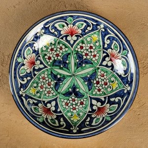 Тарелка Риштанская Керамика "Цветы", синяя, глубокая, 20 см МИКС
