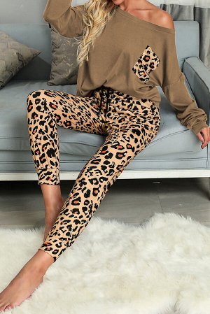 Легкий коричневый леопардовый домашний комплект: блуза на одно плечо с кармашком к + леггинсы