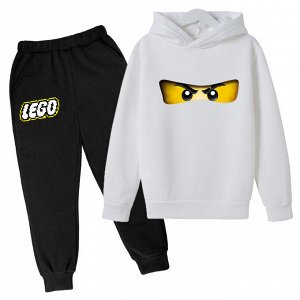 Детский комплект ( Худи, принт "Лего", цвет белый + брюки, принт "Лего" цвет черный)
