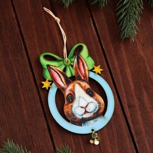 Ёлочная игрушка "Год Кролика. Кролик со звездочкой" с колокольчиком, дерево, ламинация,11х7