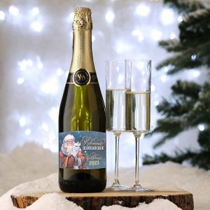 Наклейка на бутылку "Шампанское Новогоднее", дед мороз и кролик 2023, 12х8 см