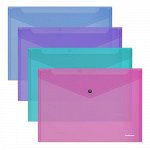 Папка-конверт на кнопке А4 (333х232мм) 180мкм ErichKrause Glossy Vivid полупрозрачная ассорти 50314