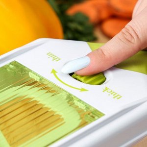 Овощерезка - шинковка со сменными насадками и контейнером Доляна Fresh Cook,, 6 насадок, 14x12.5x38.1 см, белая, зелёная