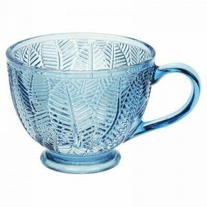 "Листья" Чашка стеклянная 420мл, д11см, h8,7см, рельефное, цветное стекло, цвет - синий (Китай)