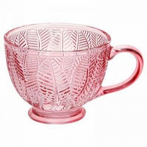 "Листья" Чашка стеклянная 420мл, д11см, h8,7см, рельефное, цветное стекло, цвет - розовый (Китай)
