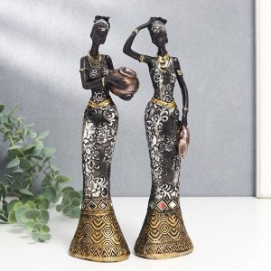 Сувенир полистоун "Африканка с кувшином, в платье с серебристыми цветами" МИКС 25,5х7х5 см