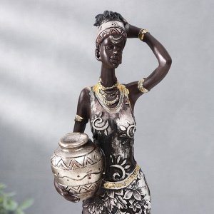Сувенир полистоун "Африканка с кувшином, в платье с серебристыми цветами" МИКС 32х8,5х6,5 см 90393