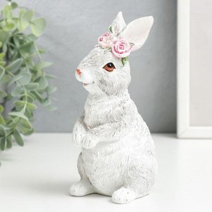 Сувенир полистоун "Белый кролик в розовом веночке" 15х7х8,5 см