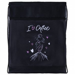 Мешок для обуви BRAUBERG, с петлёй, карман на молнии, полиэстер, 47х37 см, &quot;I love coffee&quot;, 270908
