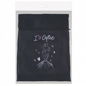 Мешок для обуви BRAUBERG, с петлёй, карман на молнии, полиэстер, 47х37 см, &quot;I love coffee&quot;, 270908
