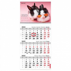 Календарь квартальный 2023 г., 3 блока, 1 гребень, с бегунком, офсет, &quot;COOL BUNNIES&quot;, BRAUBERG, 114239