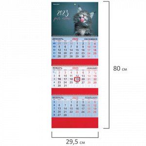 Календарь квартальный на 2023 г., 3 блока, 3 гребня, с бегунком, офсет, "MEOW", BRAUBERG, 114224
