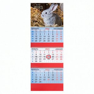 Календарь квартальный на 2023 г., 3 блока, 3 гребня, с бегунком, офсет, "FUNNY BUNNY", BRAUBERG, 114223