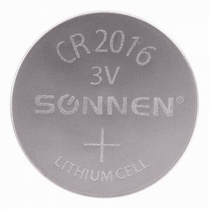Батарейка литиевая SONNEN Lithium CR2016 "таблетка, дисковая, кнопочная" 1 шт., блистер, 451972