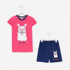 Комплект для девочки (футболка, шорты), цвет розовый/тёмно-синий, рост