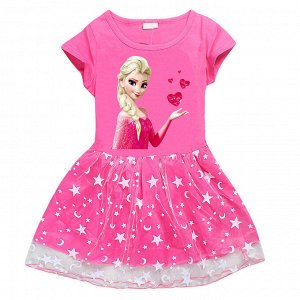 Платье для девочки, короткий рукав, принт "Холодное сердце", фатиновая юбочка, цвет ярко-розовый
