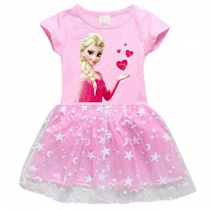 Платье для девочки, короткий рукав, принт "Холодное сердце", фатиновая юбочка, цвет розовый