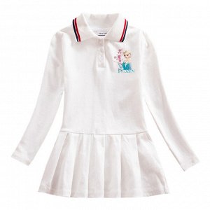 Платье-поло для девочки, длинный рукав, принт "Холодное сердце", плиссированная юбочка, цвет белый
