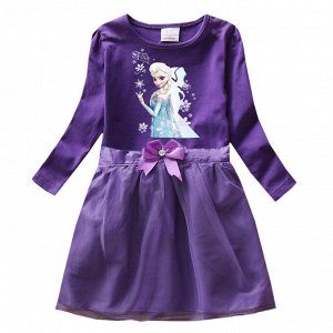 Платье для девочки, длинный рукав, принт "Холодное сердце",  с поясом, цвет темно-фиолетовый