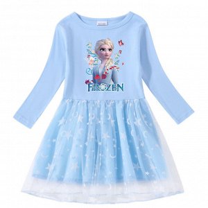 Платье для девочки, длинный рукав, принт "Холодное сердце",  фатиновая юбочка, цвет светло-голубой